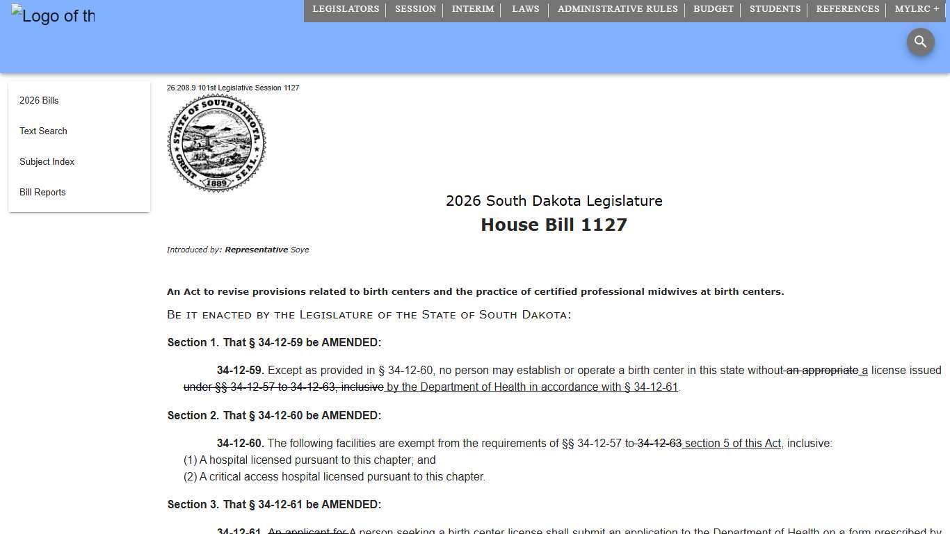 2026 House Bill 1127 South Dakota Legislature