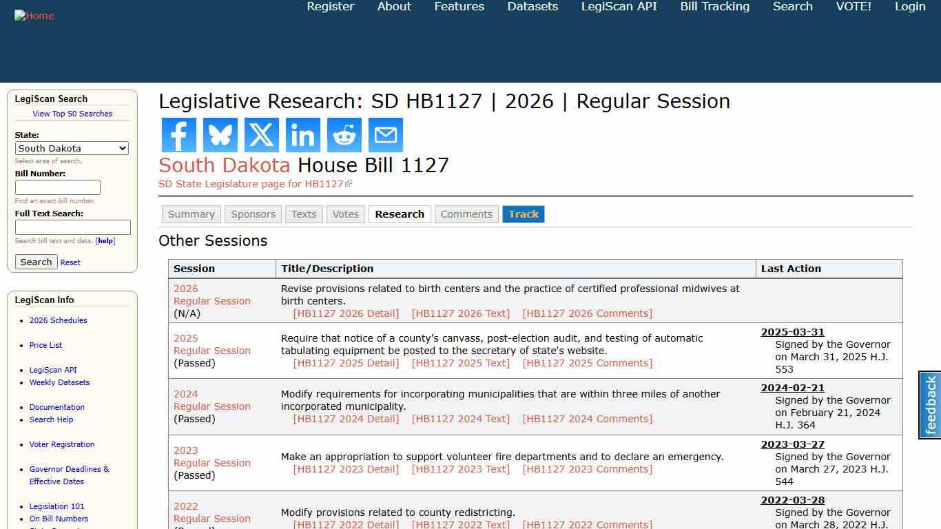 Legislative Research: SD HB1127 2026 Regular Session LegiScan